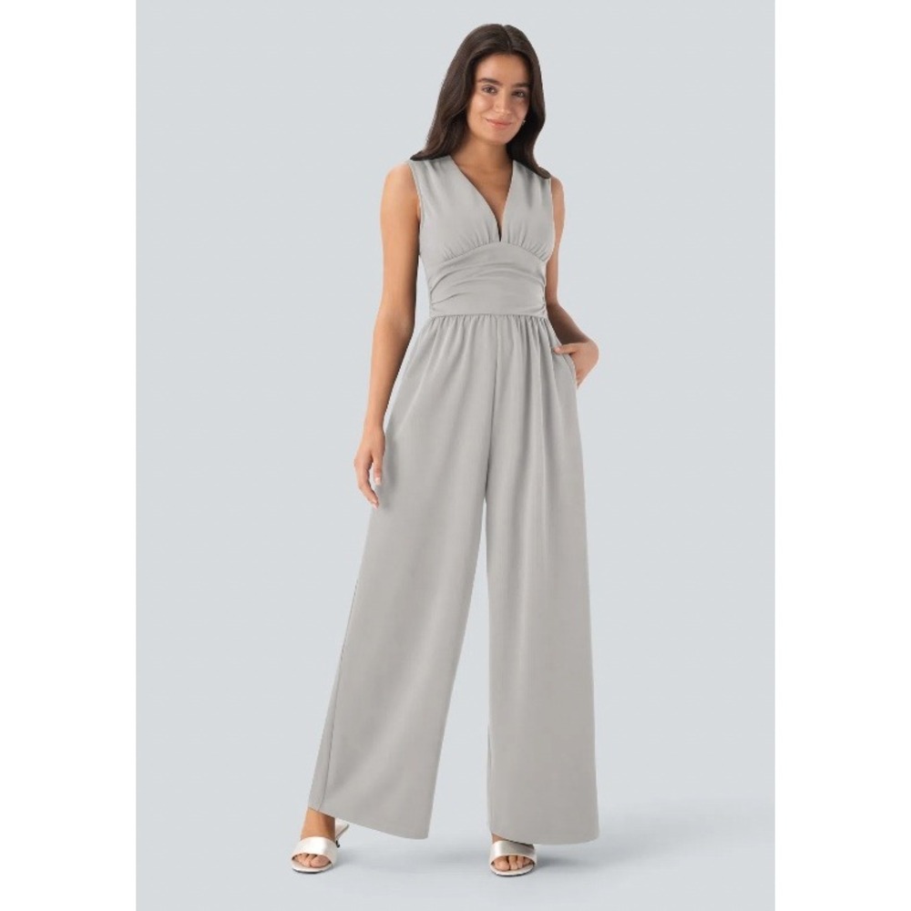 Halara Grey Wide Leg V Neck Sleeveless Ruched Pocket Jumpsuit Formal Chic Prom